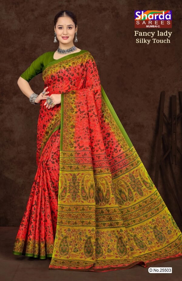 Fancy Lady Silky Orange Saree with Olive Blouse
