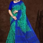 Fancy Lady Silky Green Saree with Dark Blue Blouse