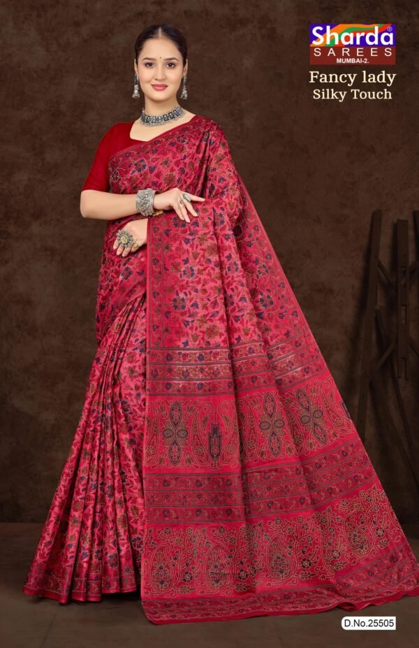 Fancy Lady Silky Red Saree with Floral Design