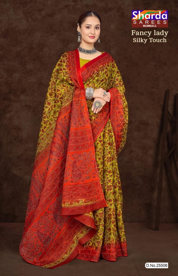 Fancy Lady Silky Yellow Saree with Floral Design