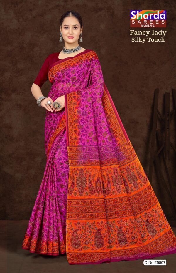 Fancy Lady Silky Pink Saree with Maroon Blouse