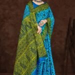 Fancy Lady Silky Sky Blue Saree with Olive Blouse