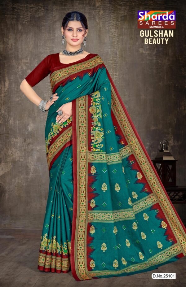 Gulshan Beauty Steel Blue Saree with Maroon Blouse