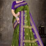 Gulshan Beauty Olive Green Saree with Dark Blue Blouse