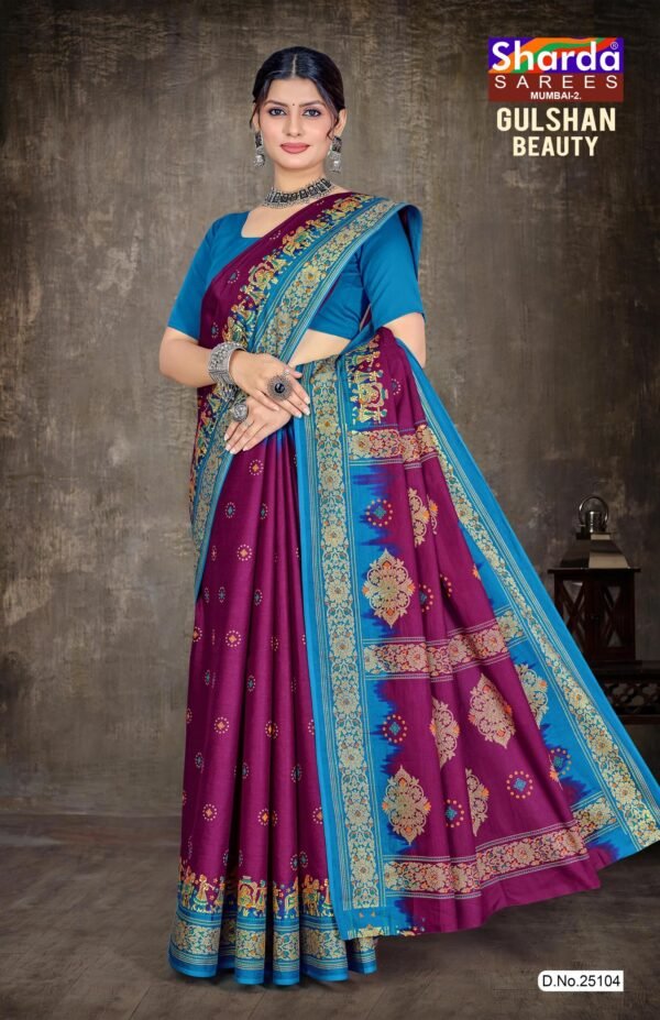 Gulshan Beauty Dark Pink Saree with Sky Blue Blouse