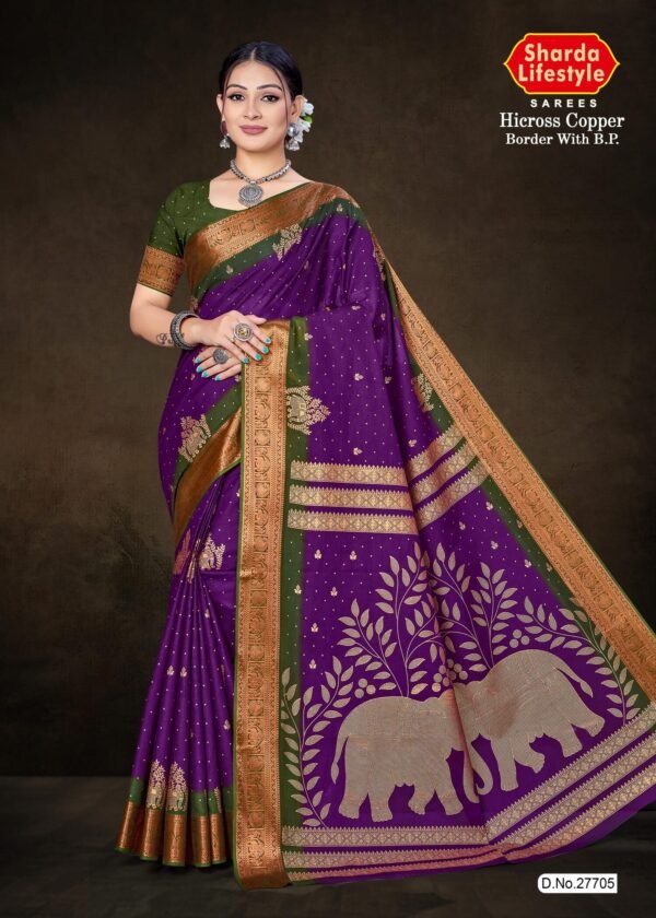 Hicross Copper Violet Saree with Olive Green Blouse