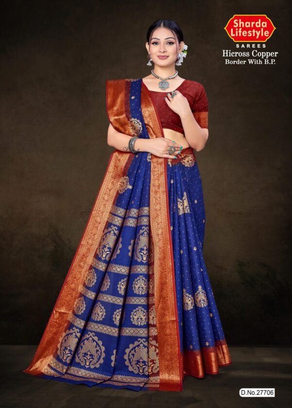 Hicross Copper Dark Blue Saree with Maroon Blouse