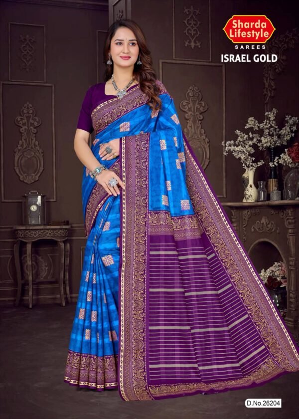 Israel Gold Bright Blue Saree with Violet Blouse