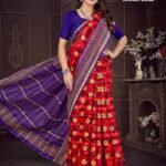 Israel Gold Red Saree with Dark Blue Blouse