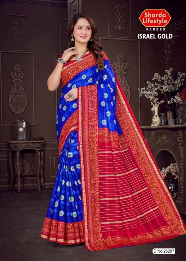 Israel Gold Dark Blue Saree with Red Blouse