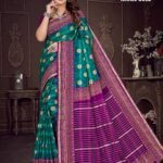 Israel Gold Iceberg Blue Saree with Violet Blouse