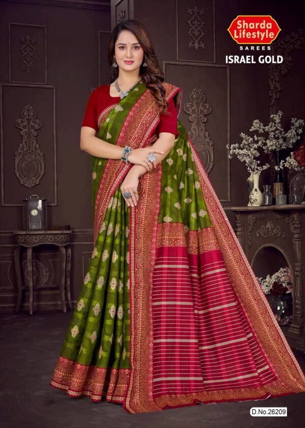 Israel Gold Olive Green Saree with Maroon Blouse