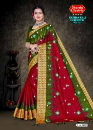 Kathak Kali Embroidery Saree – Red with Olive Green Blouse