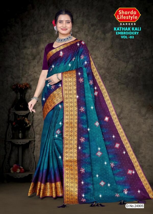 Kathak Kali Embroidery Saree – Blue and Violet with Violet Blouse