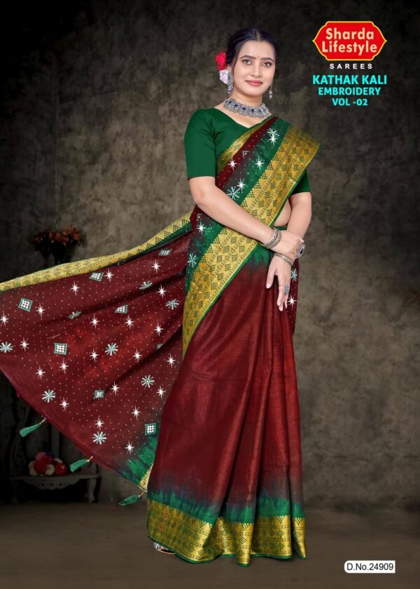 Kathak Kali Embroidery Saree – Maroon with Green Blouse