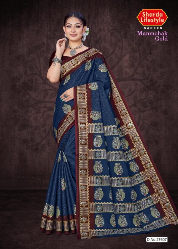 Manmohak Gold Blue Saree with Brown Blouse