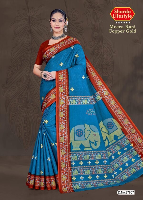 Meera Rani Copper Saree in Blue with Floral Patterns and Maroon Blouse