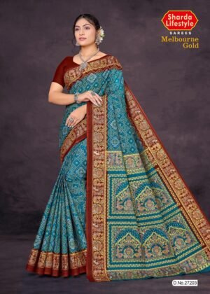 Melbourne Gold Blue and Brown Saree with Floral Prints