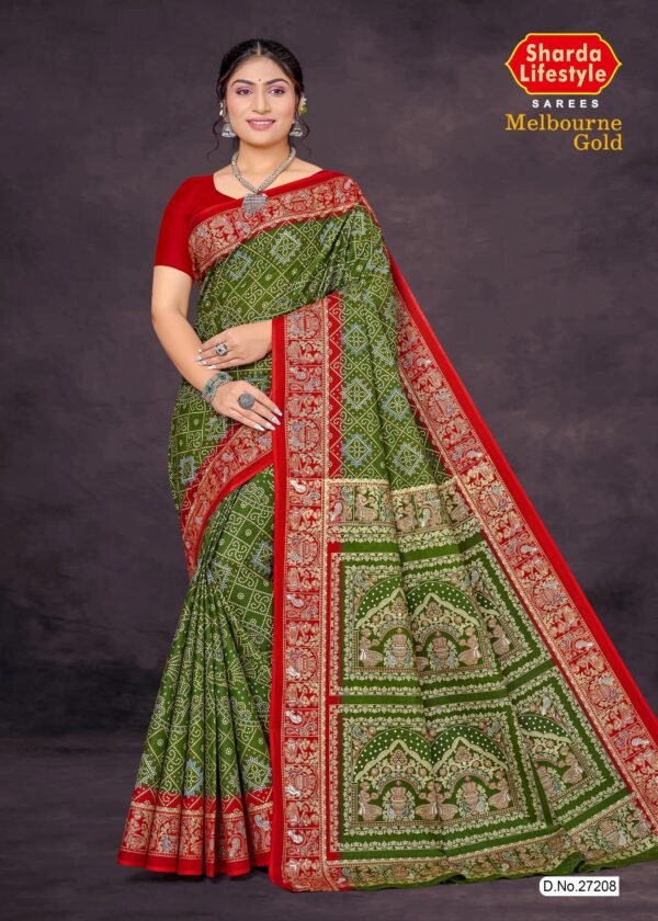 Melbourne Gold Olive Green Saree with Red Border