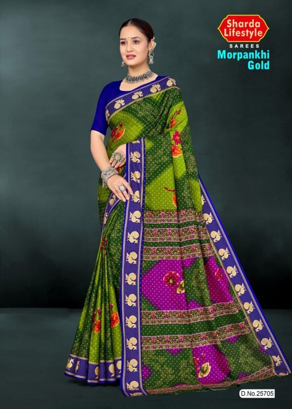 Morpakhi Gold Saree Olive Green with Dark Blouse