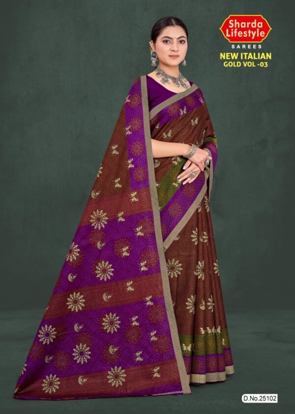 New Italian Gold Saree in Dark Brown with Violet Border