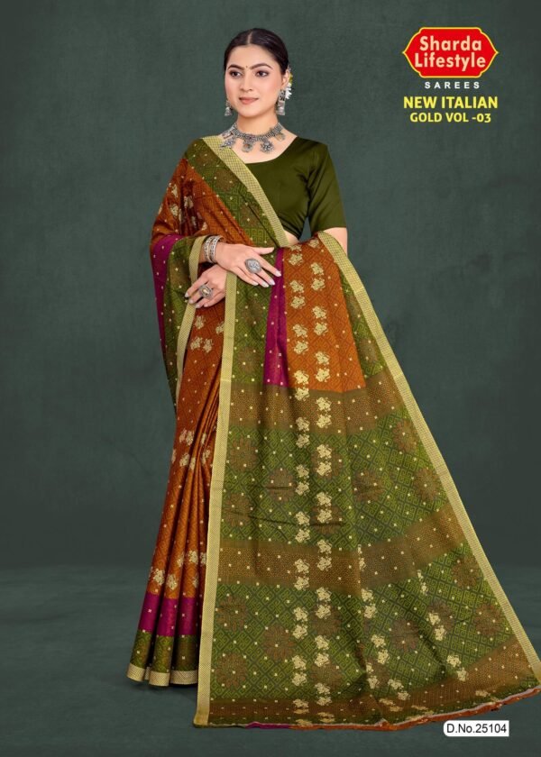 New Italian Gold Saree in Olive with Matching Olive Blouse