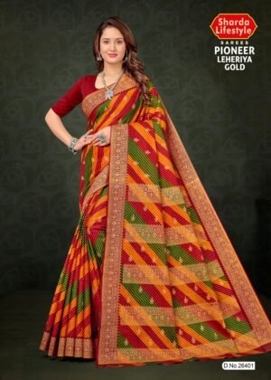 Pioneer Leheriya Gold Red Orange Green Saree