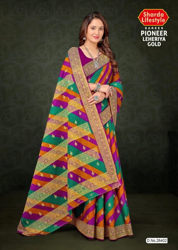 Pioneer Leheriya Gold Violet Orange Green Saree