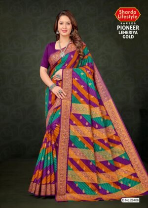 Pioneer Leheriya Saree in Blue, Orange, and Violet