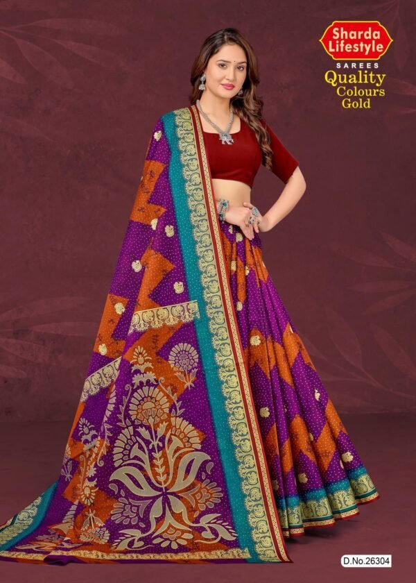 Quality Colours Gold Saree in Violet and Blue with Maroon Blouse