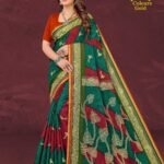 Quality Colours Gold Olive Green Saree with Floral Design