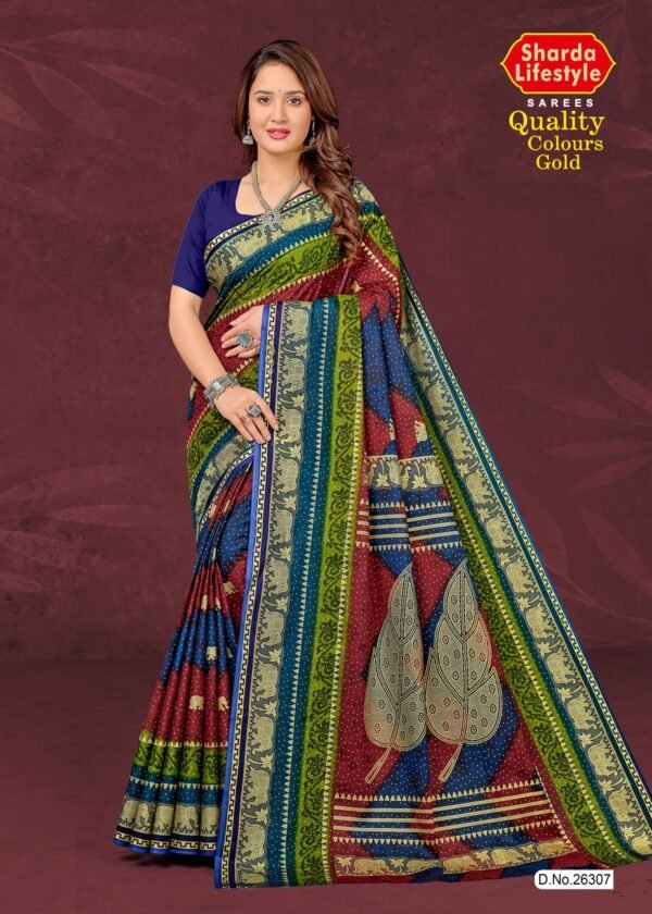Olive Saree with Dark Blue Blouse – Quality Colours Gold