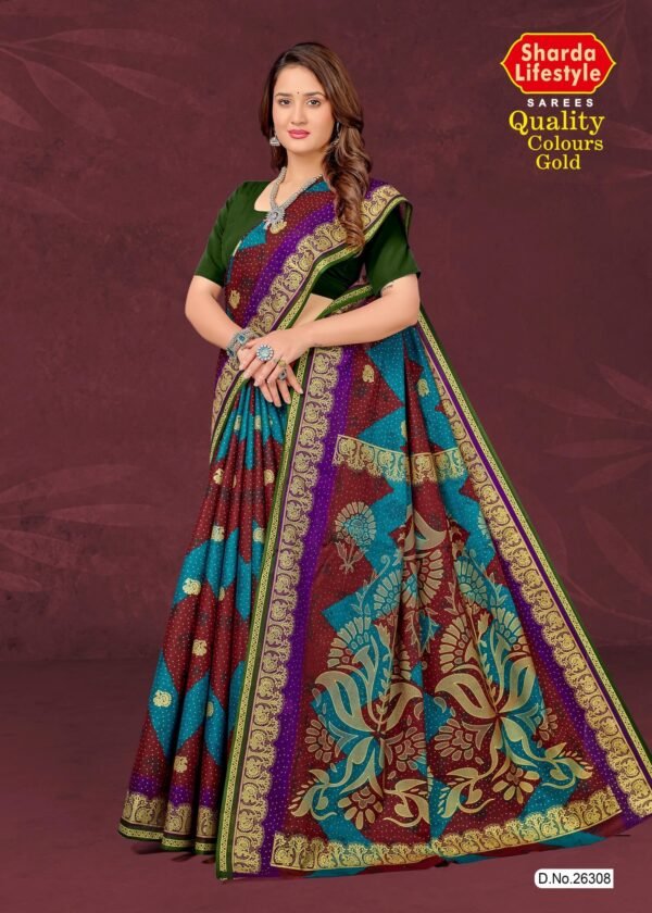 Red and Sky Blue Saree with Olive Blouse – Quality Colours Gold