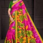 Pink Floral Doria Cotton Saree with Olive Green Flowers