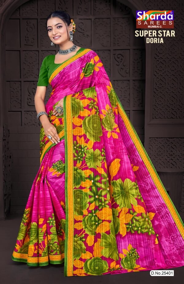 Pink Floral Doria Cotton Saree with Olive Green Flowers