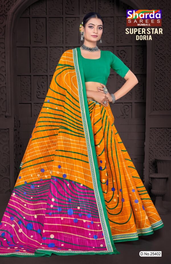 Yellow Doria Cotton Saree with Green Blouse
