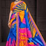 Multicolor Doria Cotton Saree – Blue Yellow with Pink