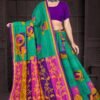 Green Doria Cotton Saree with Violet Blouse