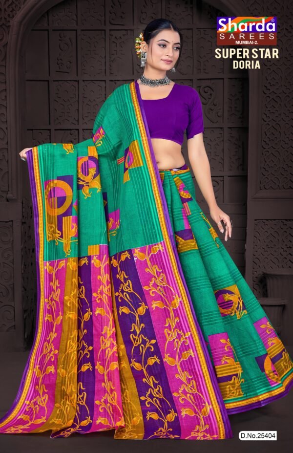 Green Doria Cotton Saree with Violet Blouse