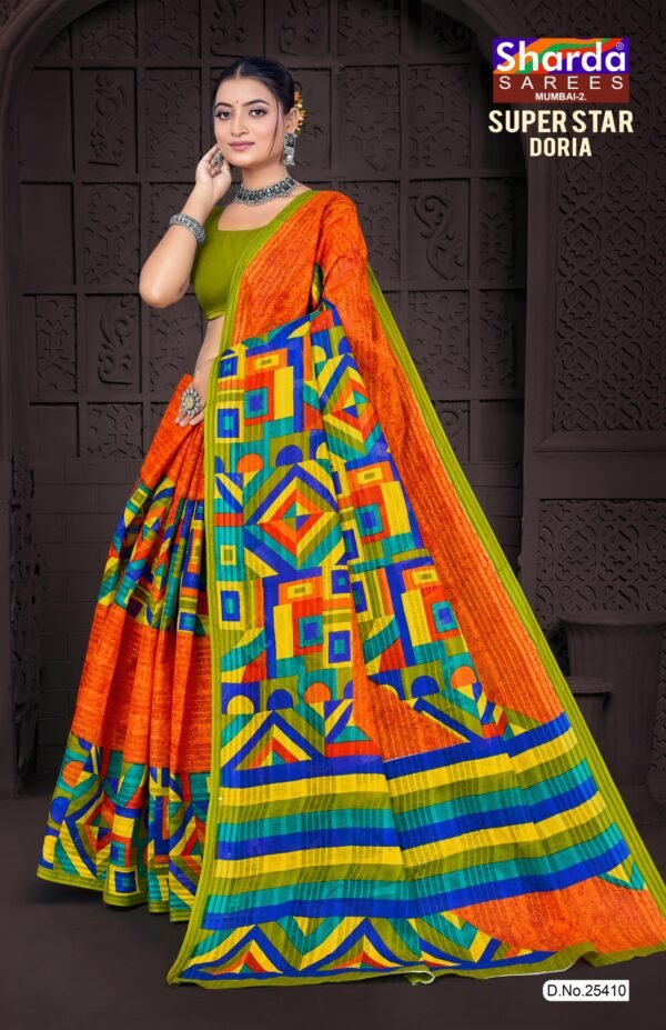 Orange Doria Cotton Saree with Olive Blouse