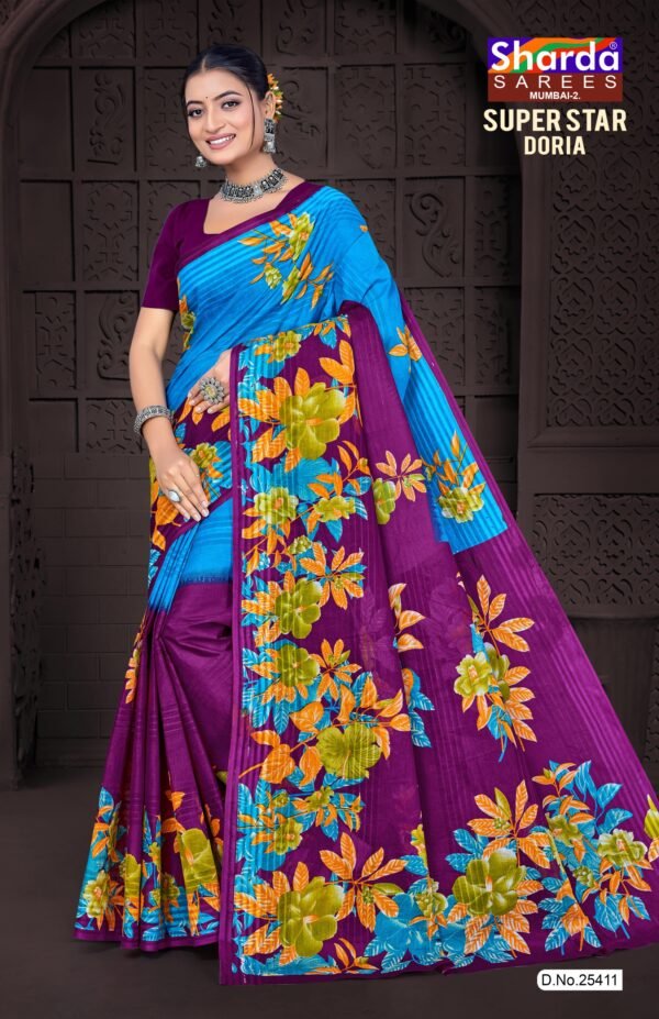 Violet Blue Floral Doria Cotton Saree