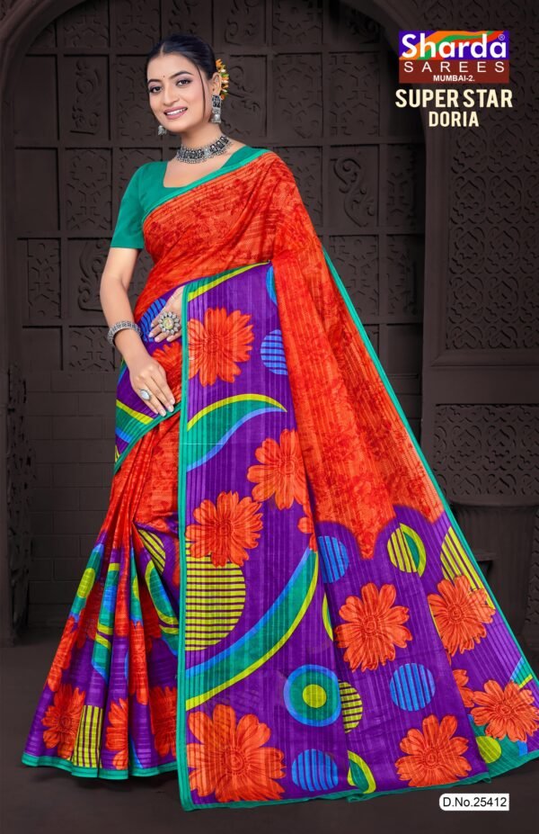 Candy Apple Red Doria Cotton Saree with Floral Prints