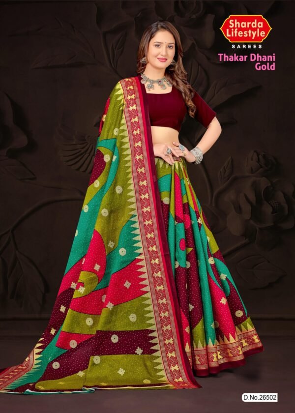 Thakar Dhani Gold Saree – Green with Falu Red Blouse