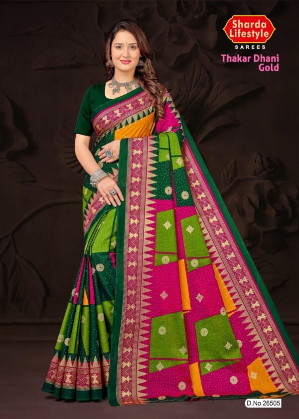 Thakar Dhani Gold Saree – Olive Green with Golden Motifs