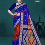 Dark Blue Orange Universal Gold Saree
