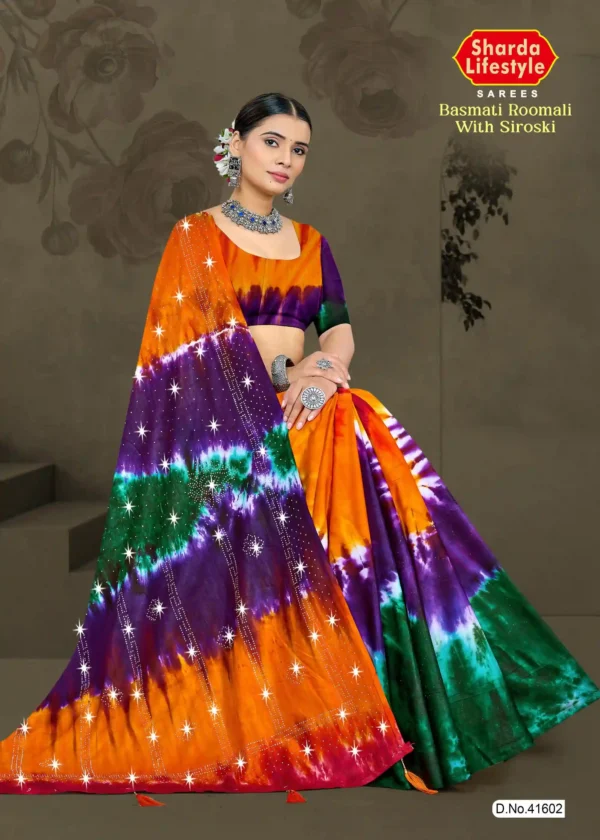 Multicolor tie-dye Basmati saree with Siroski stonework by Sharda Sarees