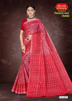 Celebrate culture in colour with the Florence Varli Chokda saree in striking vermillion red. Showcasing intricate Warli tribal motifs across the body and a Bandhani chokda-inspired pallu,