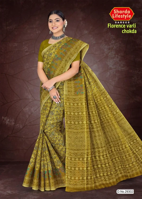 Adorn yourself in timeless artistry with the Florence Varli Chokda saree in earthy mustard olive. Featuring intricate Warli tribal motifs woven across the body and a Bandhani chokda pallu, this saree beautifully blends heritage with elegance