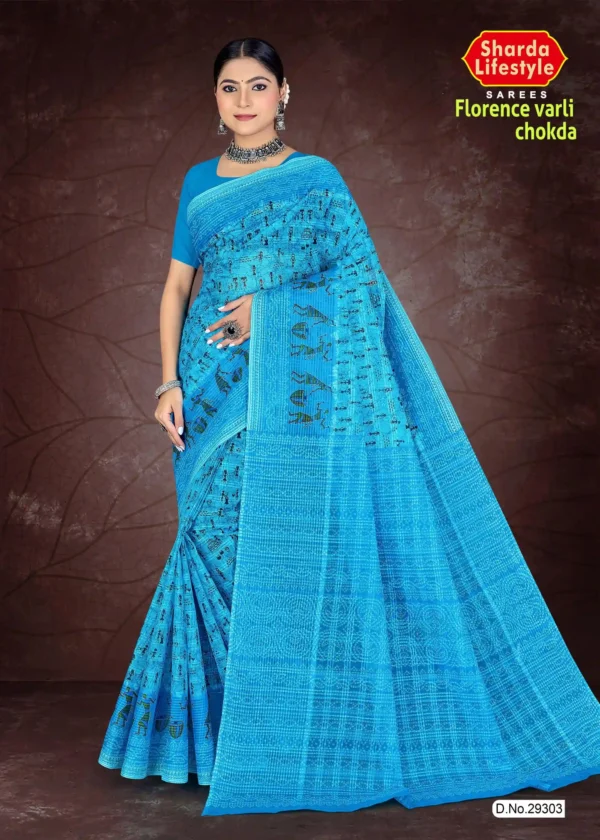 Woman in a vivid sky blue Florence Varli Chokda saree adorned with intricate Warli tribal art and Bandhani chokda checks, styled with a matching blouse and silver oxidized jewelry,