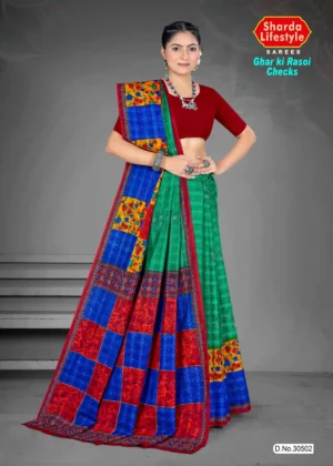 Sharda Lifestyle green and red Ghar ki Rasoi Checks saree with bold floral and patchwork print